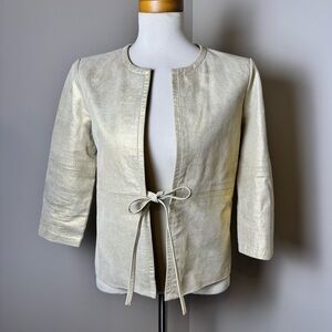 ONE GIRL WHO Metallic Leather Front Tie Sweater Jacket CREAM-MUTED GOLD / SMALL
